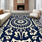 Cream Floral Mandala Navy Texture Rug