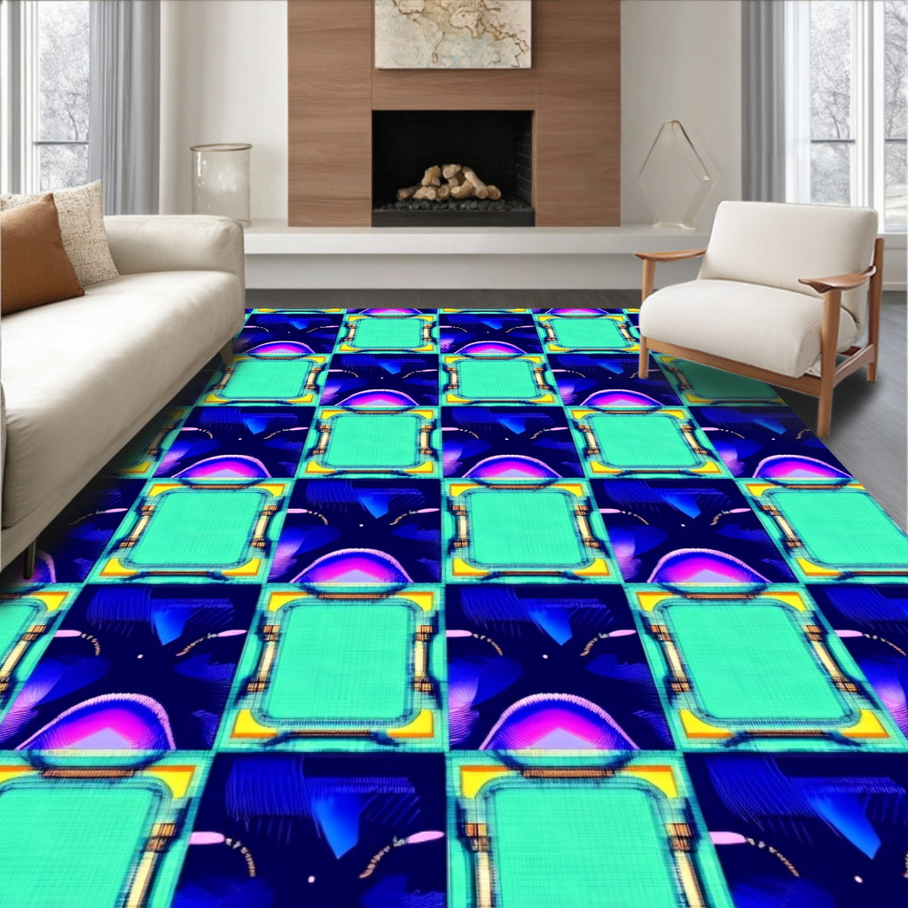 Cyberpunk Teal Geometric Square Mandala Rug