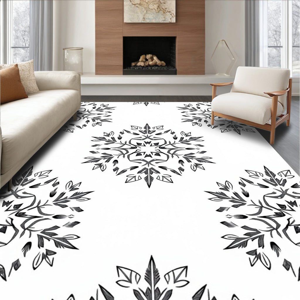 Monochromatic Black Leaf Mandala Rug
