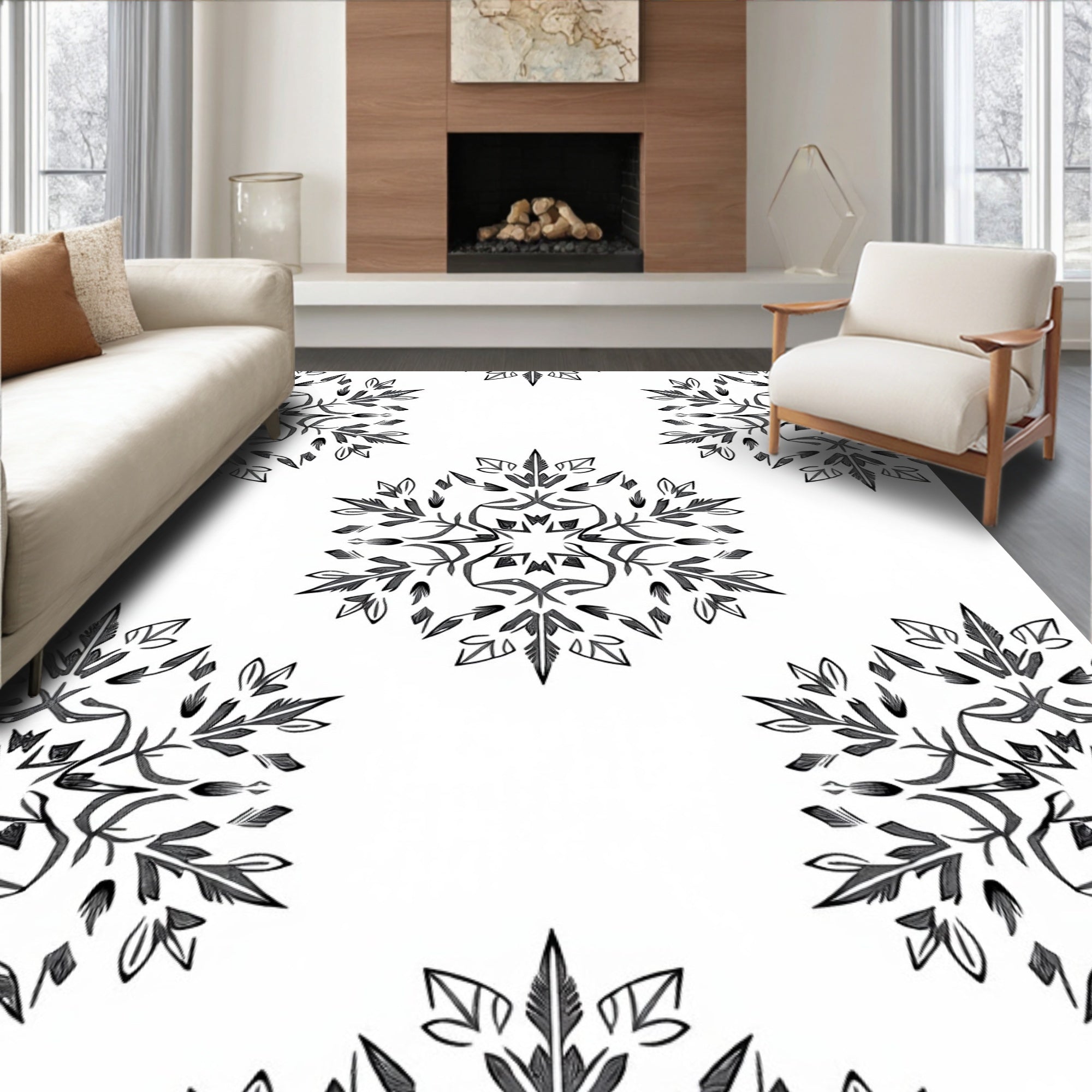 Monochromatic Black Leaf Mandala Rug