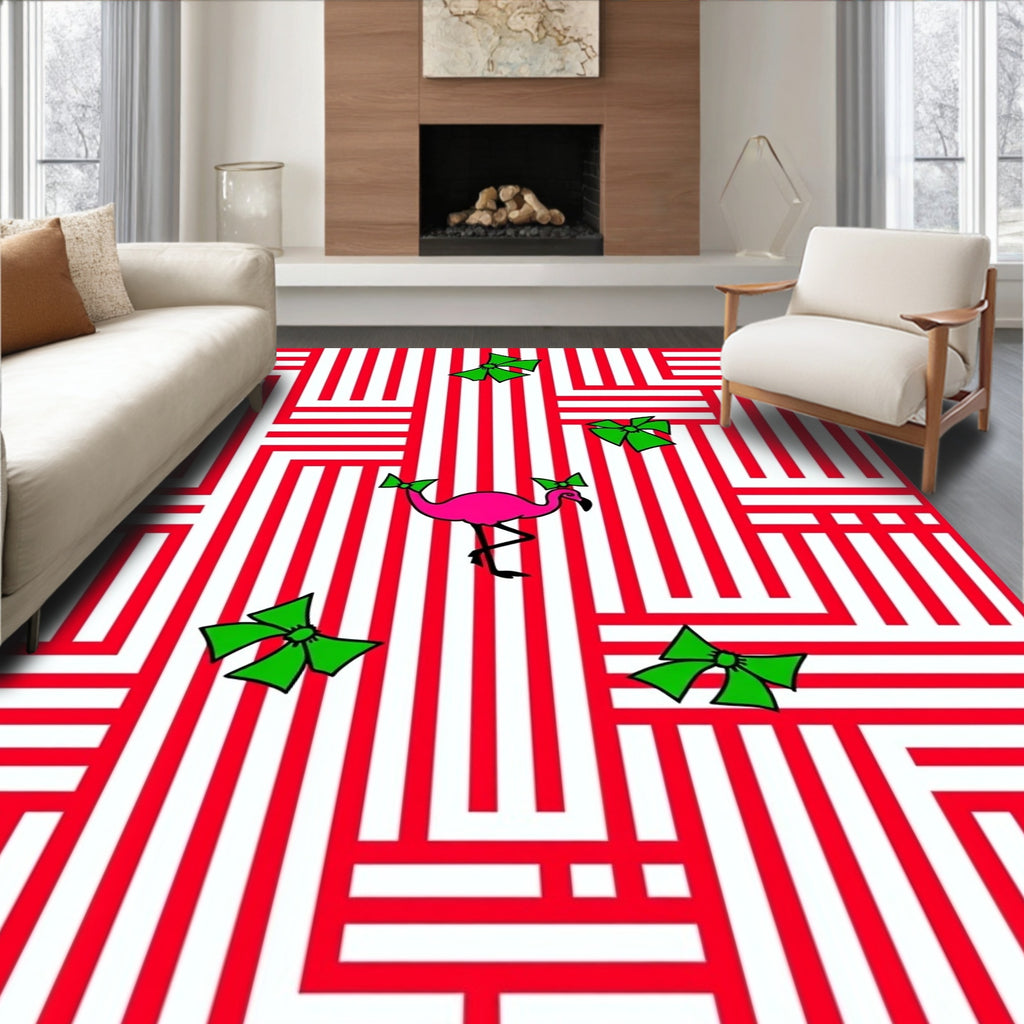 Pink Flamingo Red White Striped Bows Rug