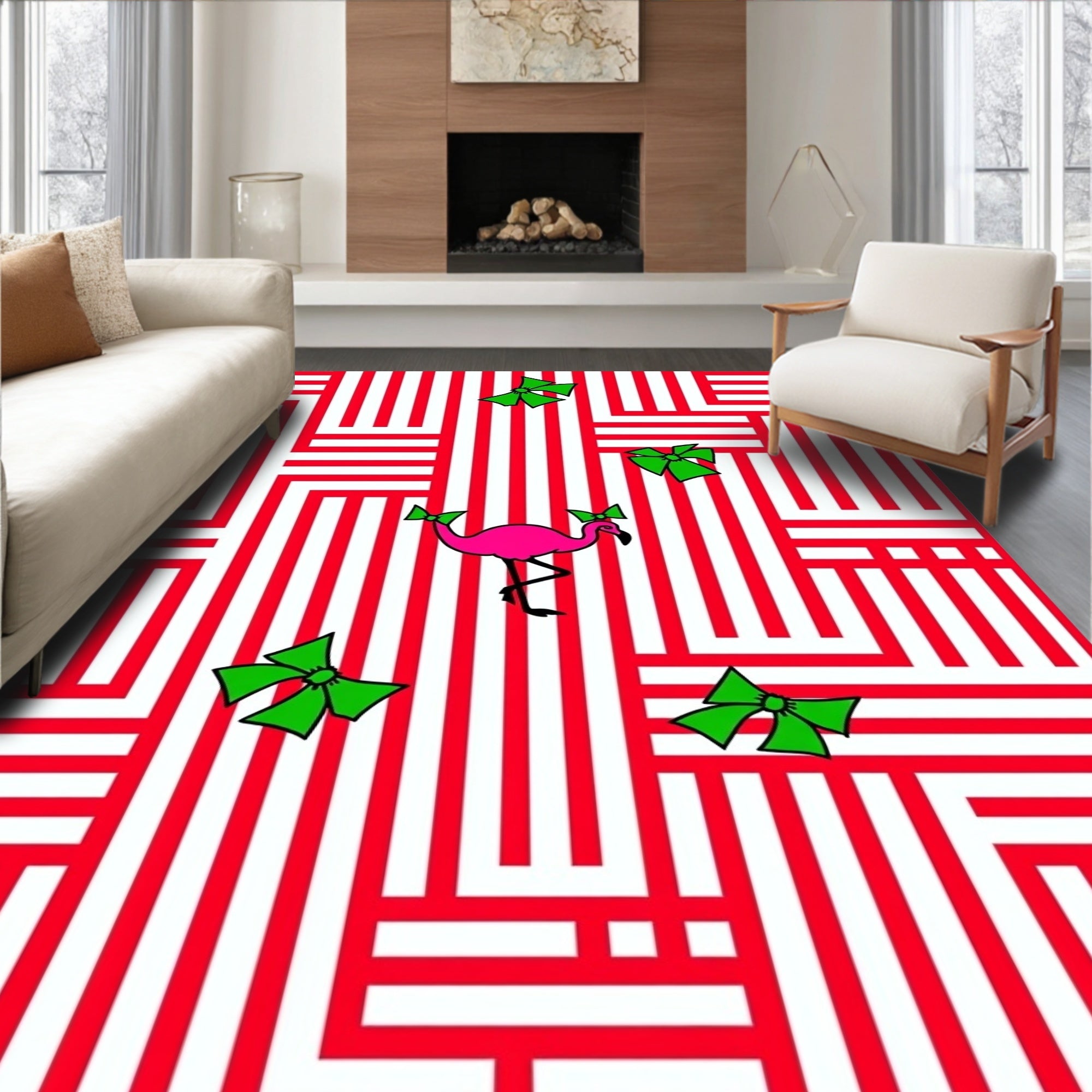 Pink Flamingo Red White Striped Bows Rug