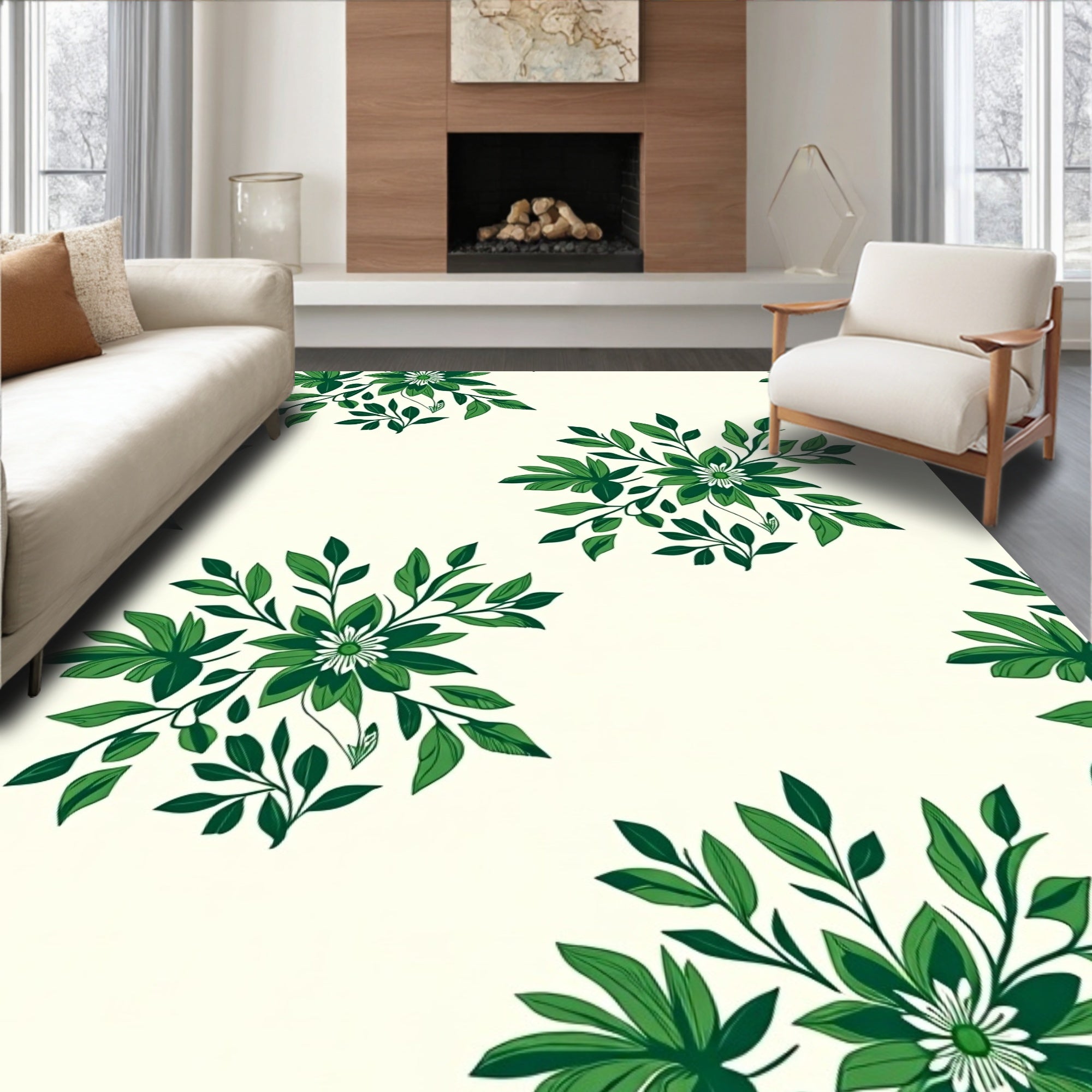 Deep Green Floral Branch Arrangement Rug