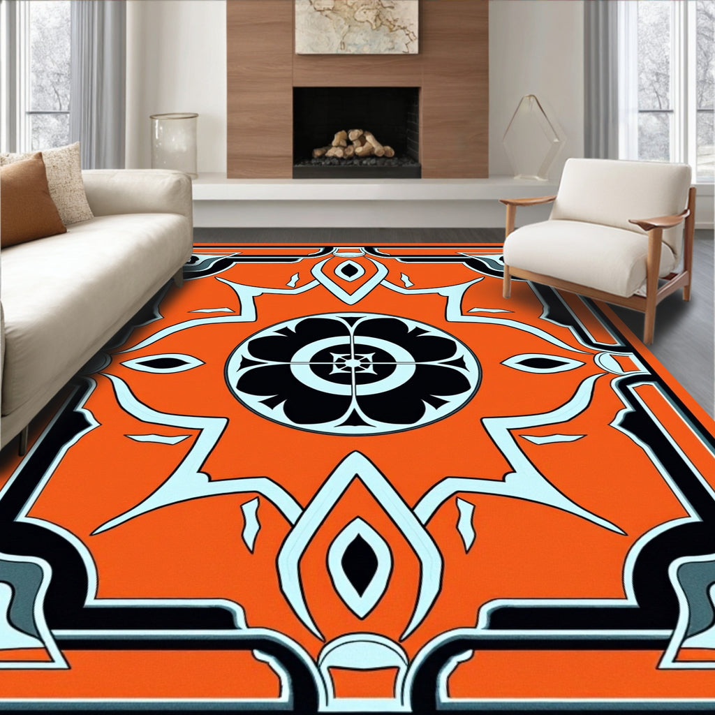 Vivid Orange Geometric Floral Medallion Rug