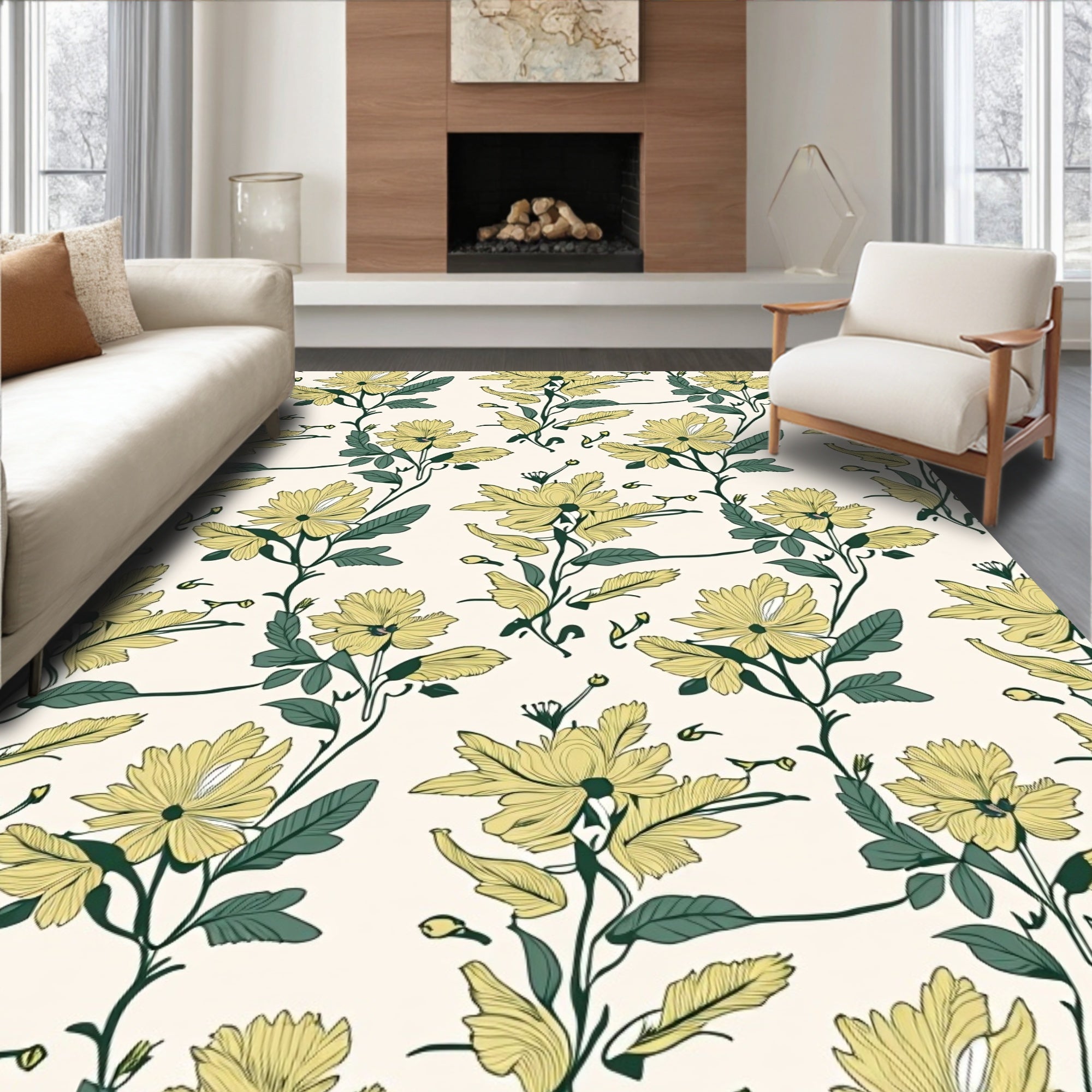 Golden Yellow Floral Vine Art Rug