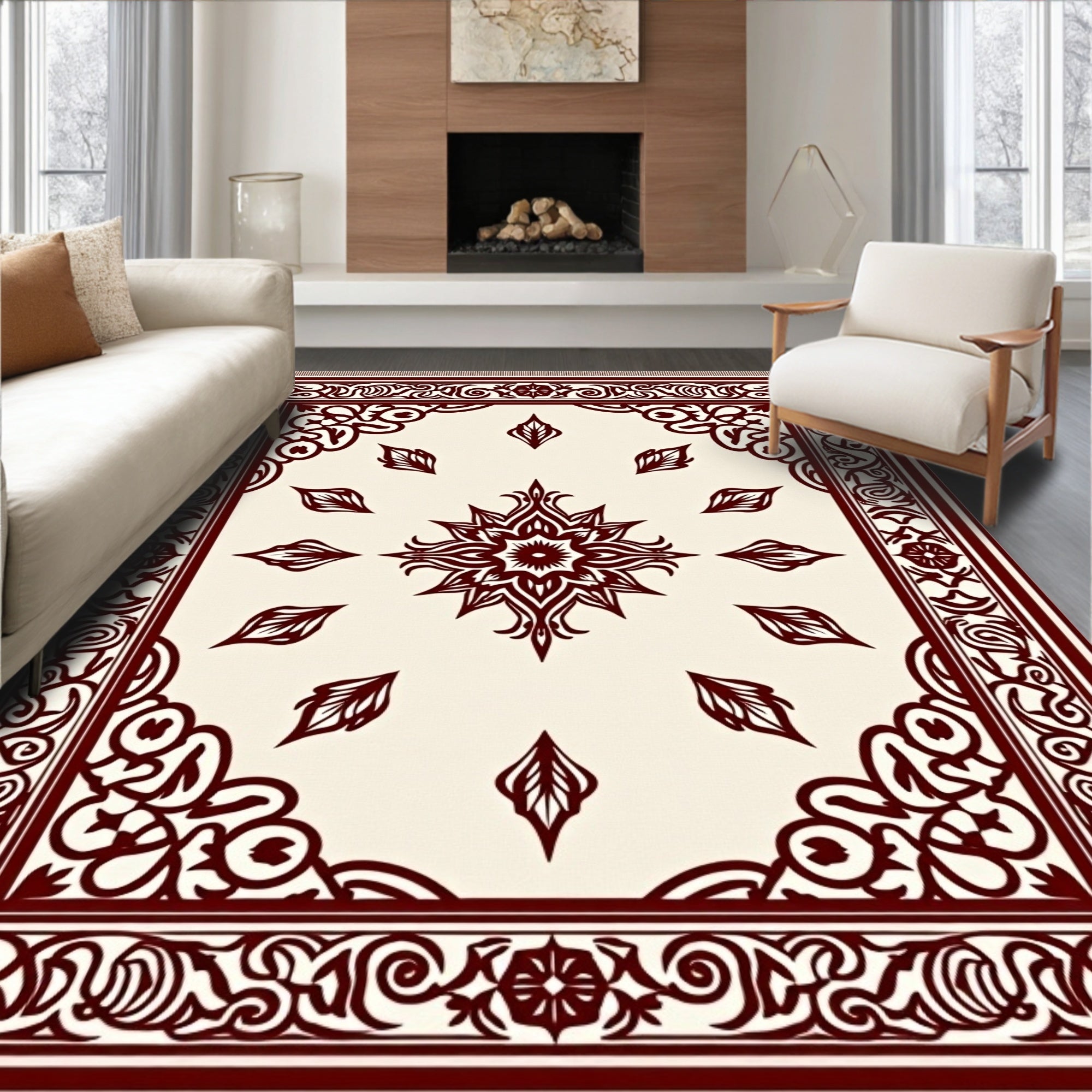 Maroon Symmetry Leaf Corner Rug