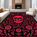 Vibrant Red Skull Floral Vine Rug