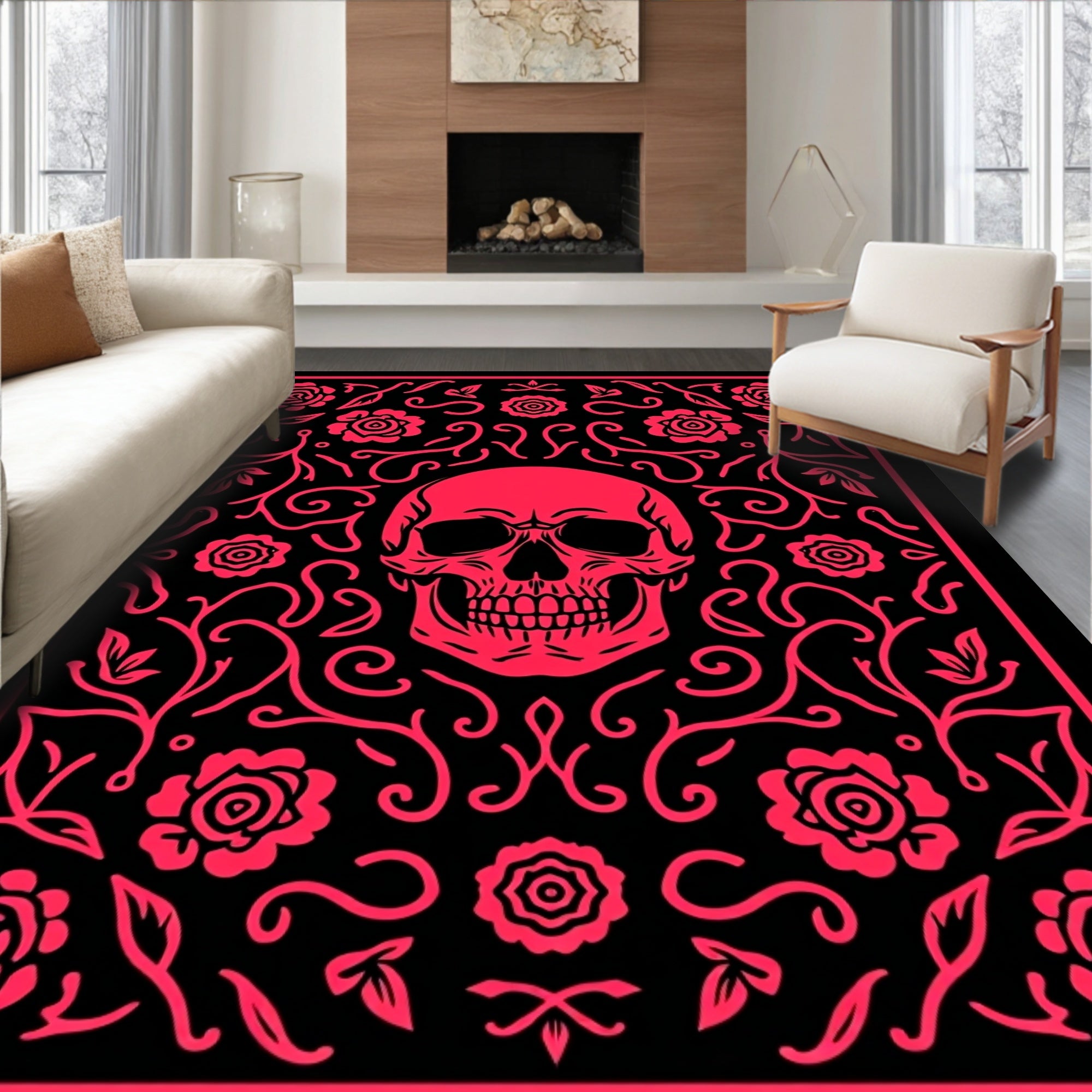Vibrant Red Skull Floral Vine Rug