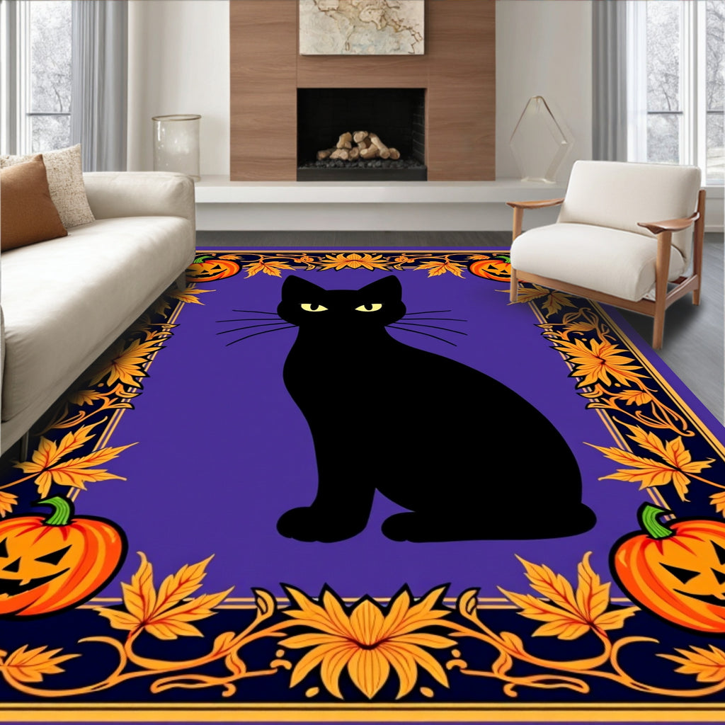 Mysterious Black Cat Halloween Frame Rug
