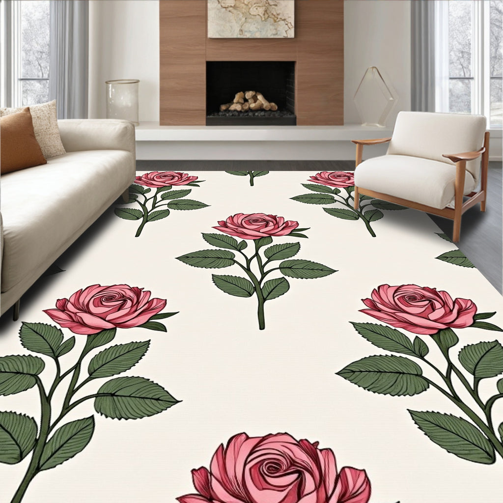 Pink Rose Stem Botanical Collage Rug