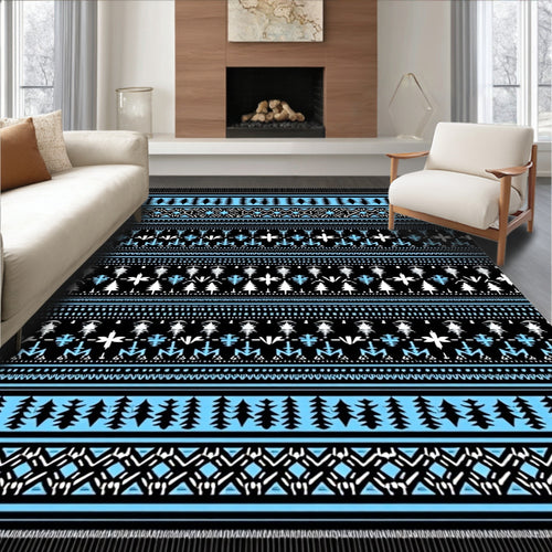 Black Blue White Tribal Stripes Rug