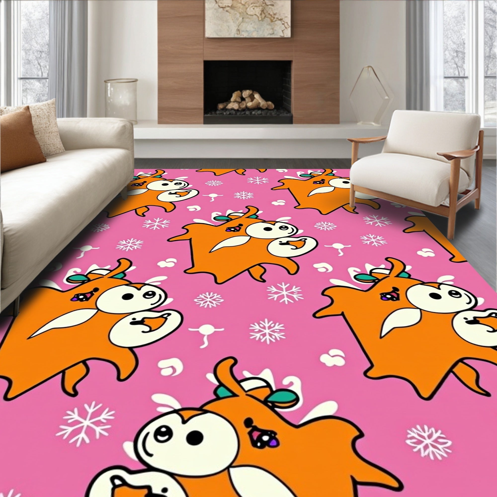 Whimsical Orange Creature Snowflakes Rug