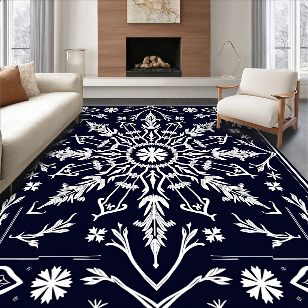 Deep Navy White Floral Mandala Rug