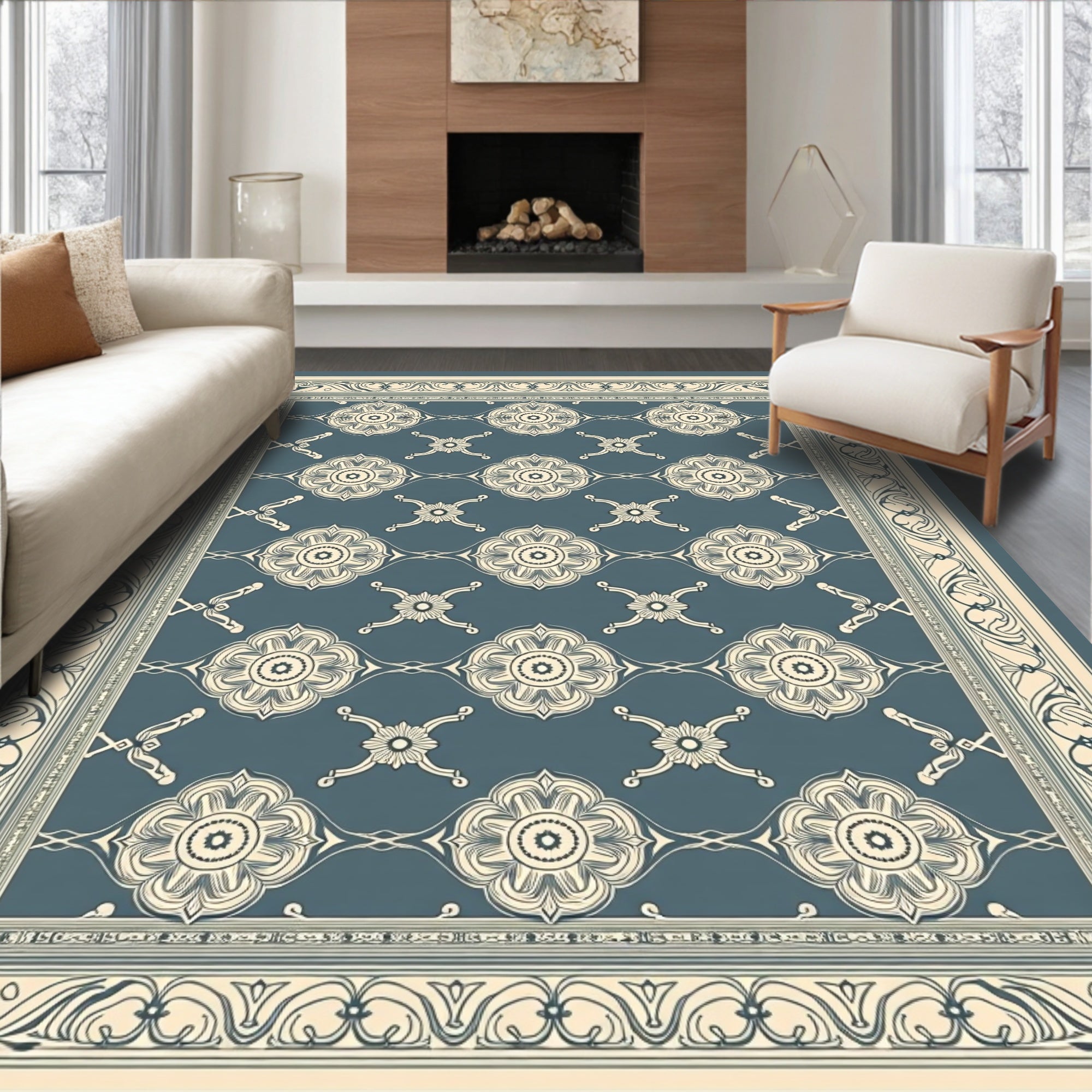 Cream Floral Motif On Slate Blue Rug