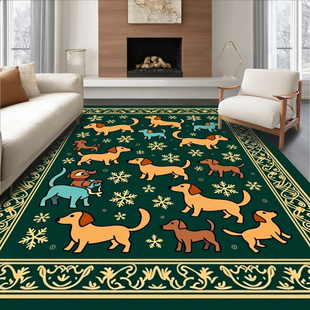 Whimsical Dachshund Snowflake Border Rug