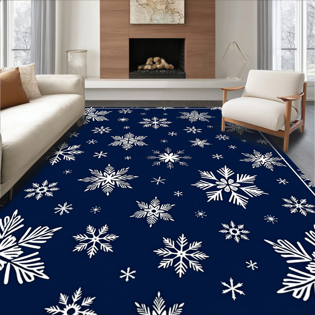 White Snowflake Snowfall Navy Rug