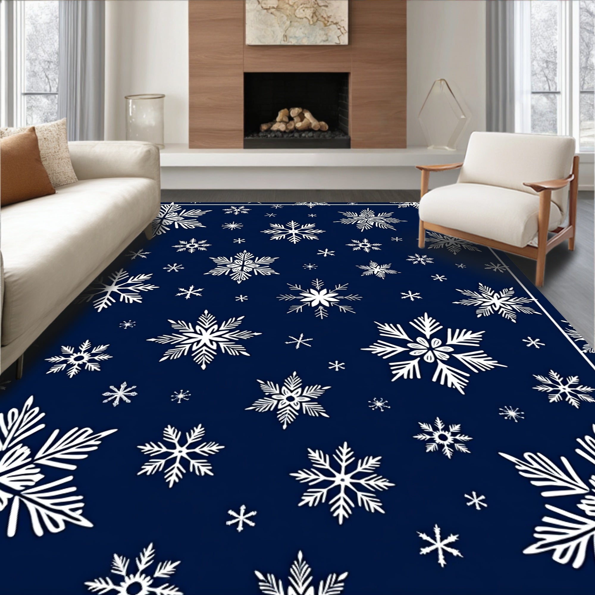 White Snowflake Snowfall Navy Rug