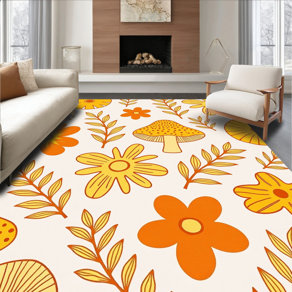 Groovy Orange Yellow Floral Mushroom Patchwork Rug