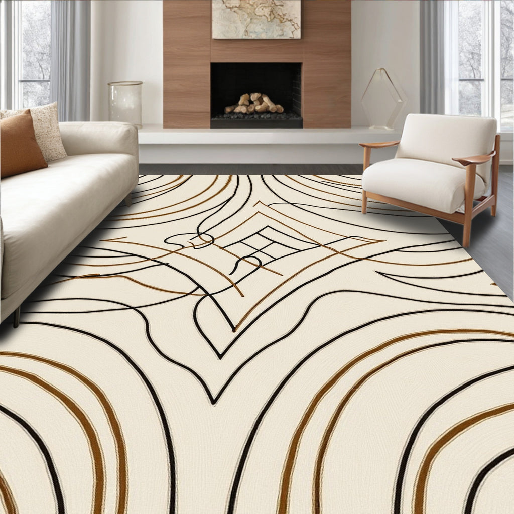 Creamy Beige Abstract Line Art Rug