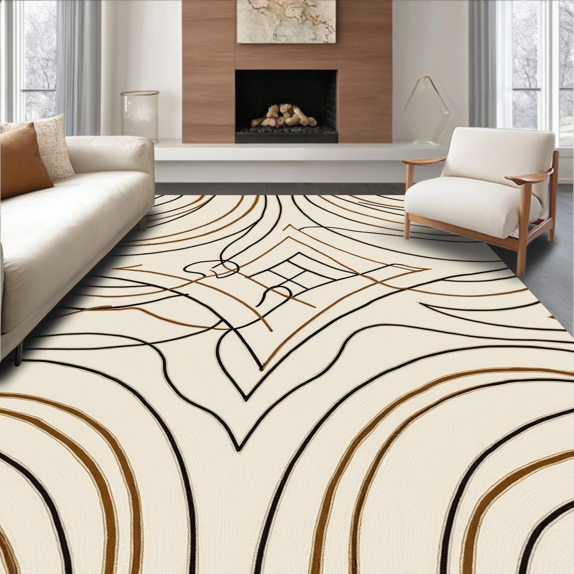 Creamy Beige Abstract Line Art Rug