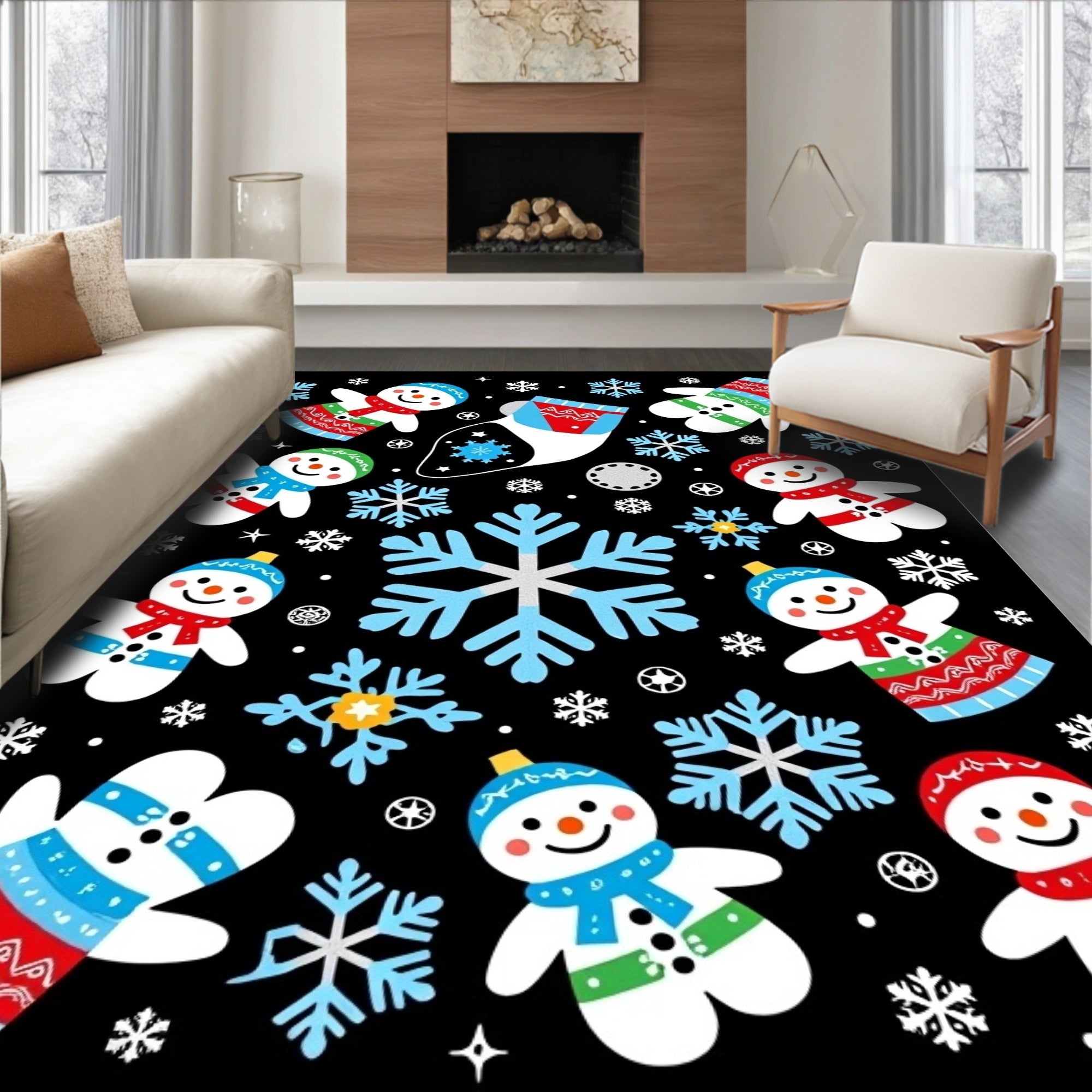 Festive Snowman Mittens Blue Snowflake Black Rug