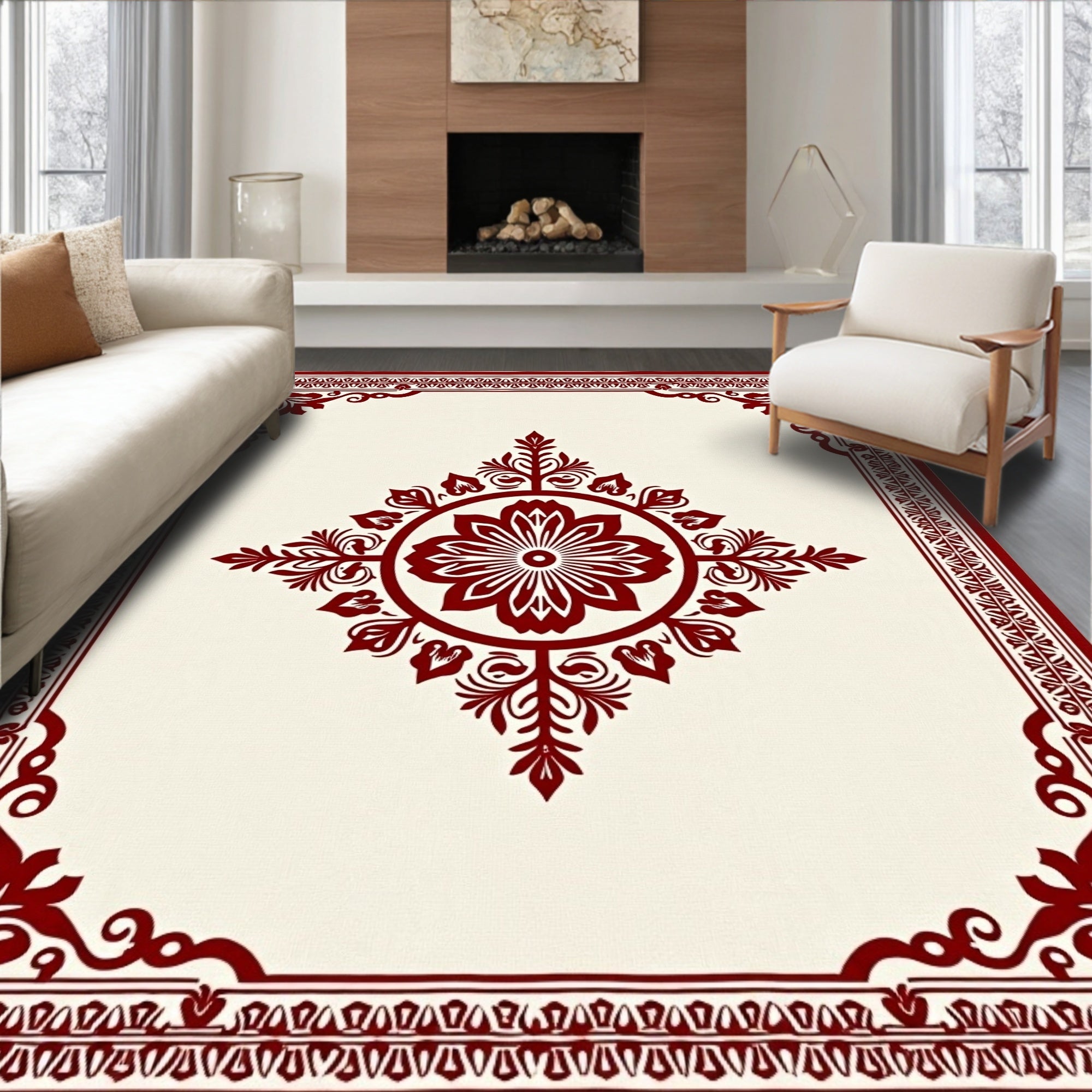 Crimson Floral Medallion Bordered Rug