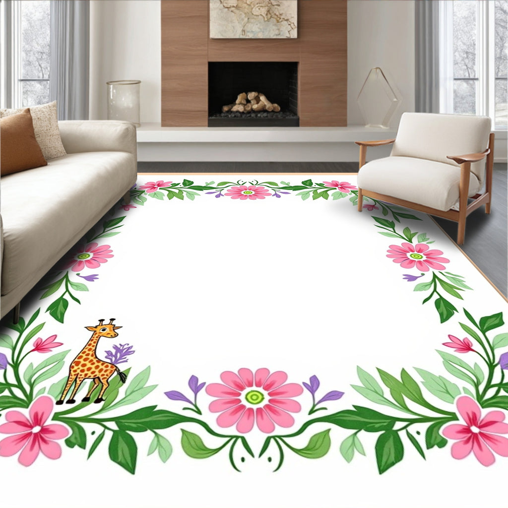 Pink Floral Giraffe Meadow Garland Rug