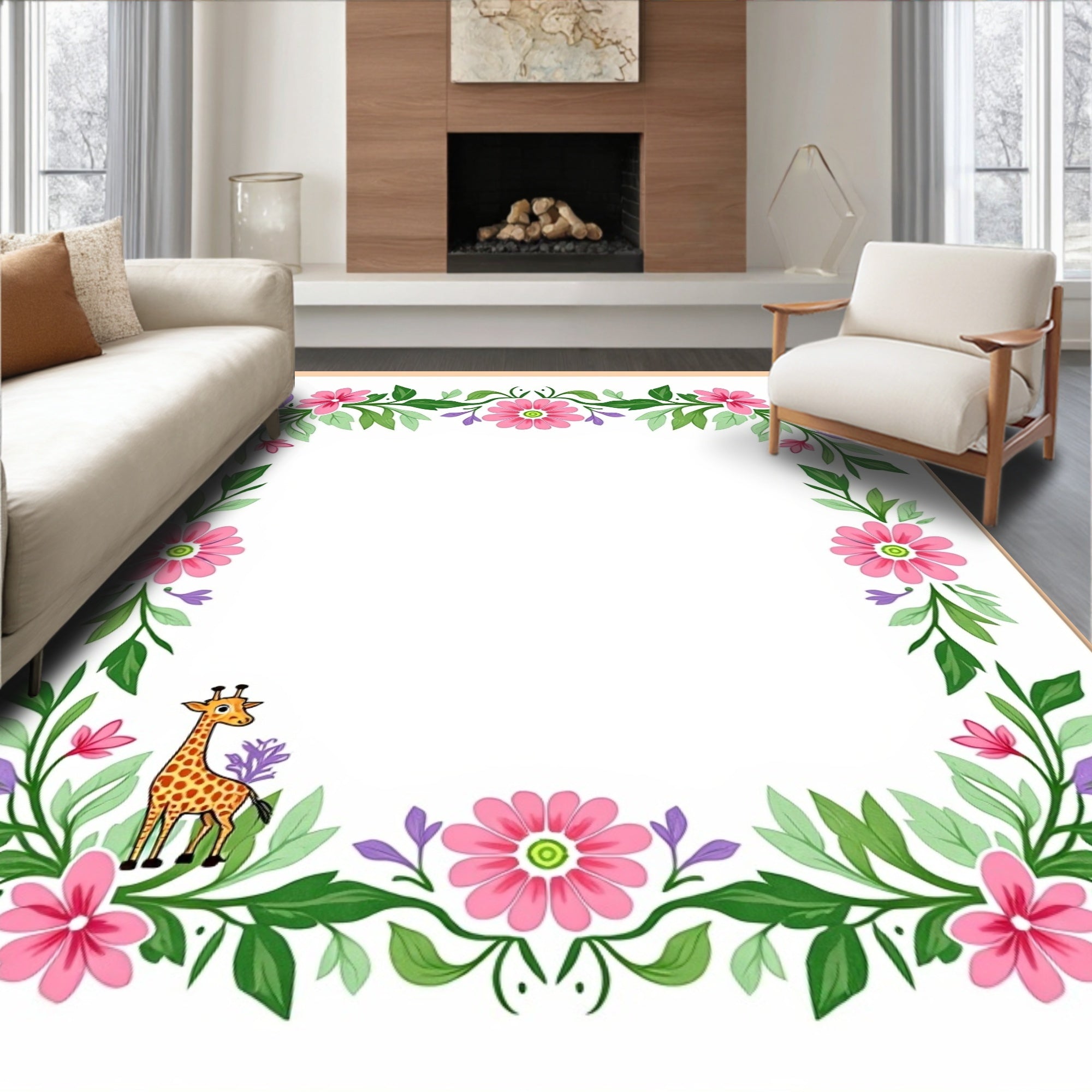 Pink Floral Giraffe Meadow Garland Rug