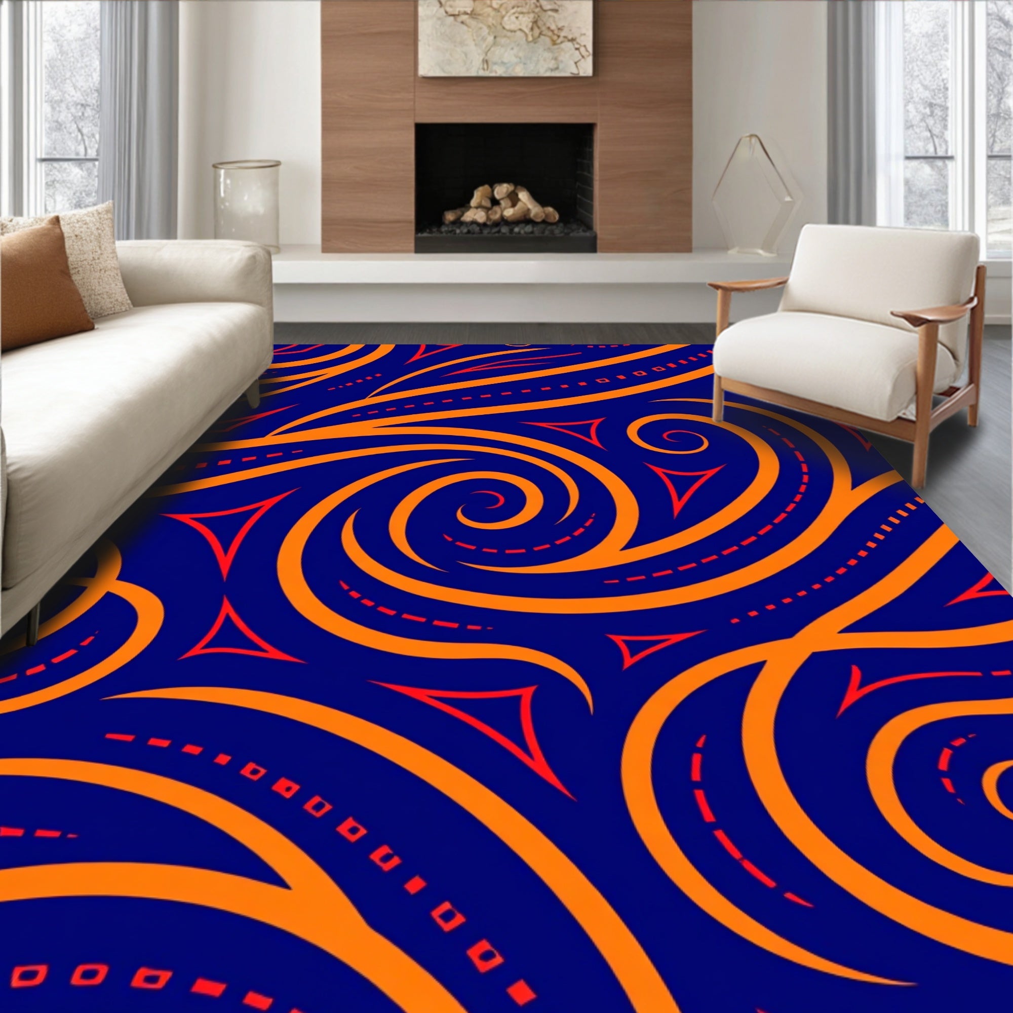 Bold Orange Swirl Red Triangles Rug