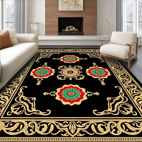 Black Gold Red Green Floral Medallion Rug