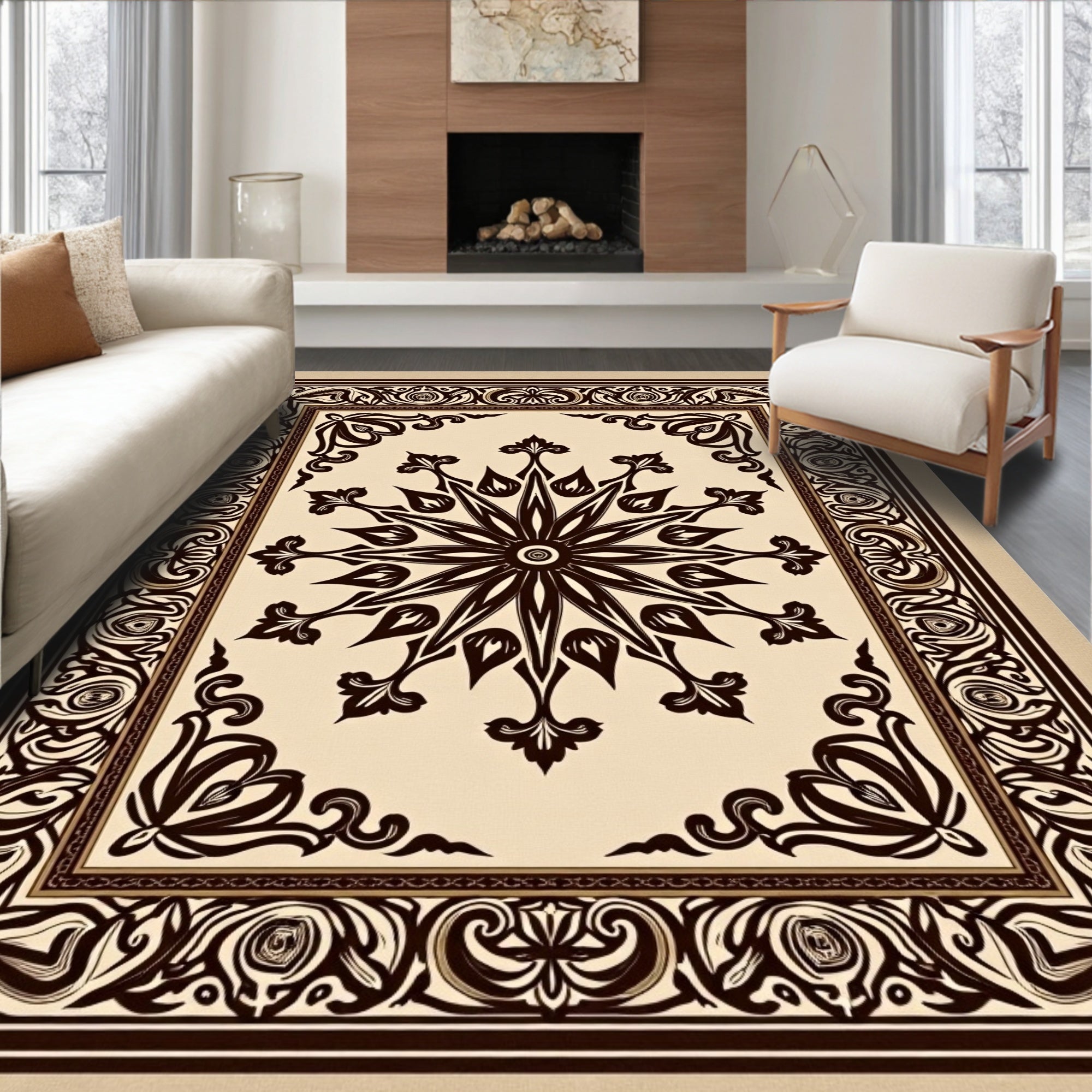 Ornate Brown Floral Starburst Border Rug