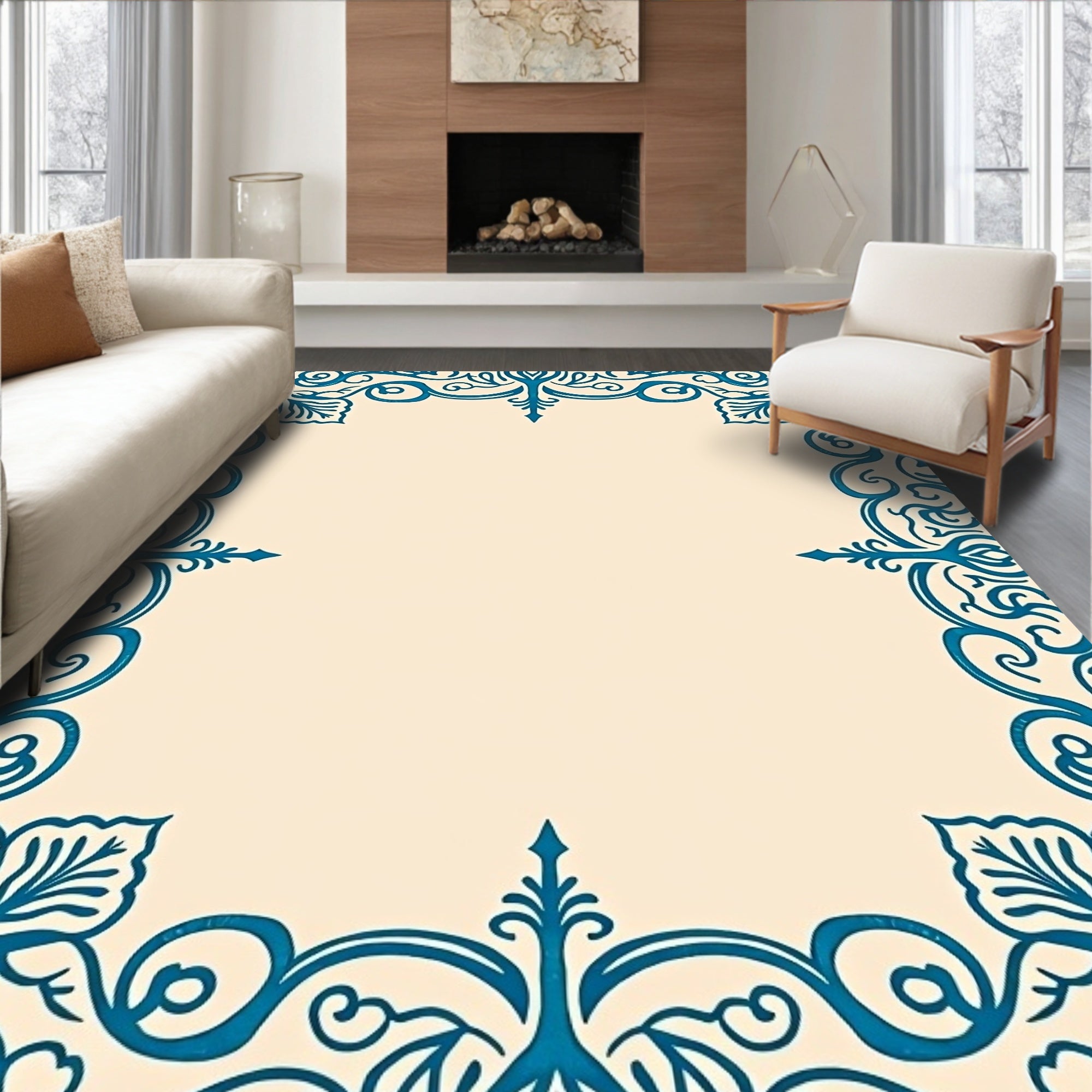 Teal Victorian Scrollwork Frame Rug