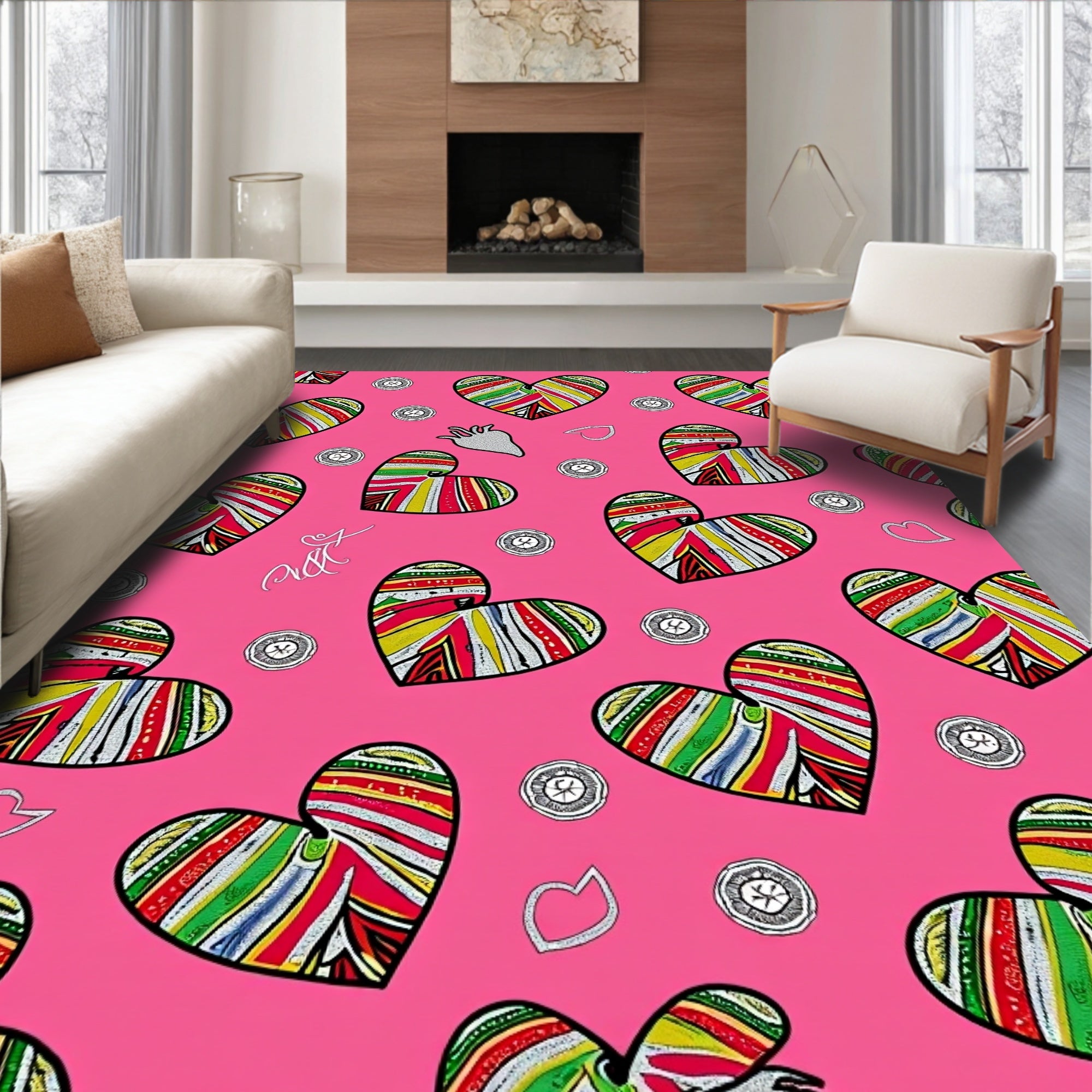 Vibrant Rainbow Striped Heart Collage Rug