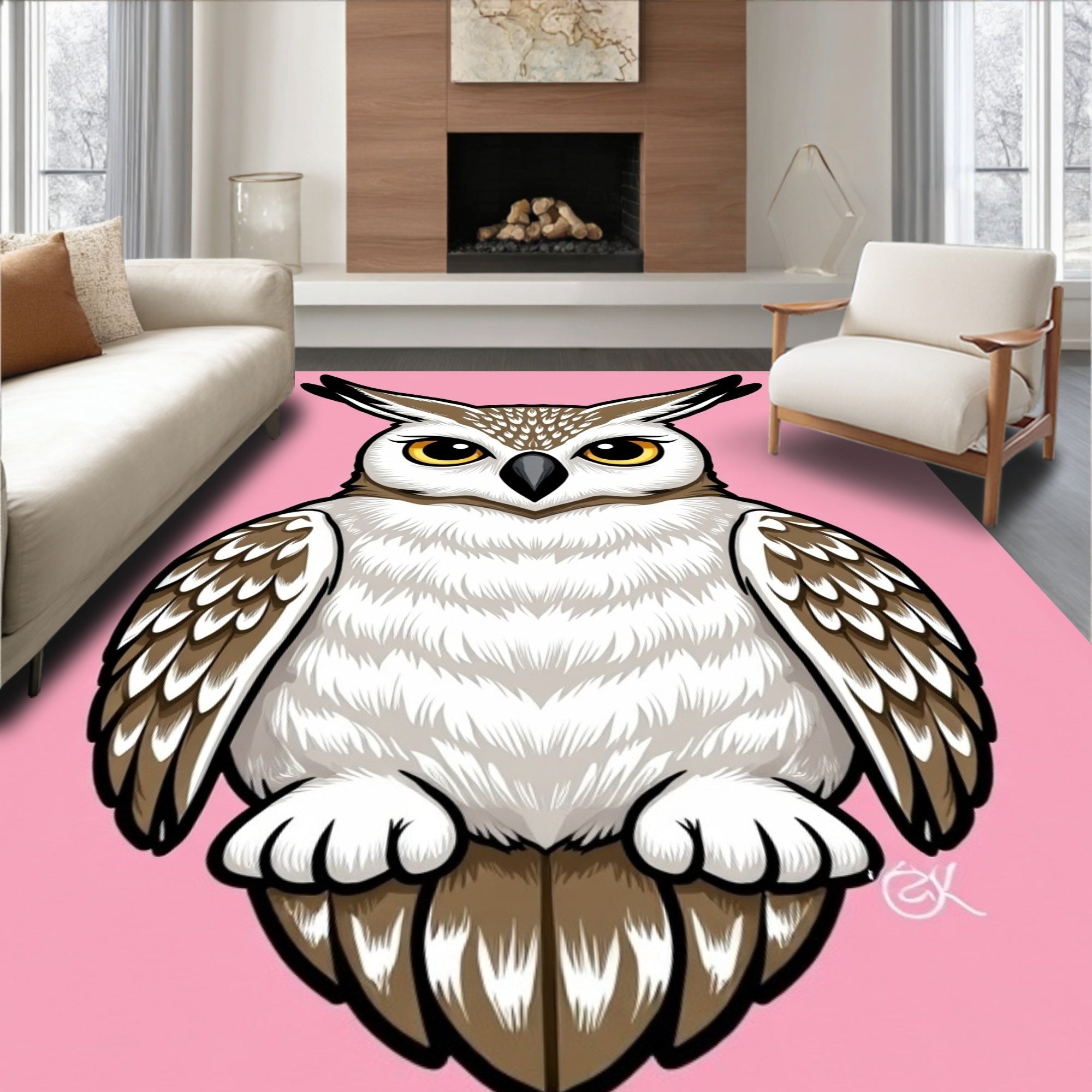 Cartoon Yellow Eyed Owl Pink Background Rug