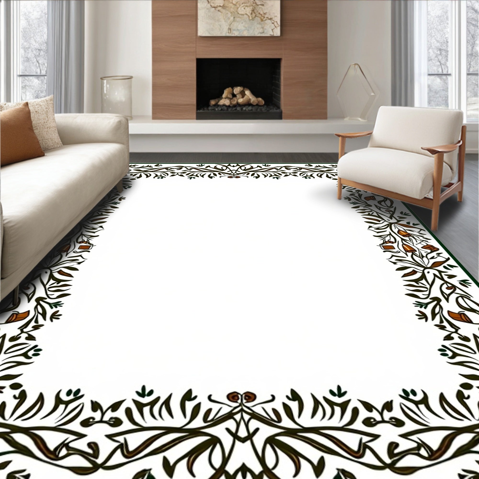 Green And Brown Botanical Vine Border Rug