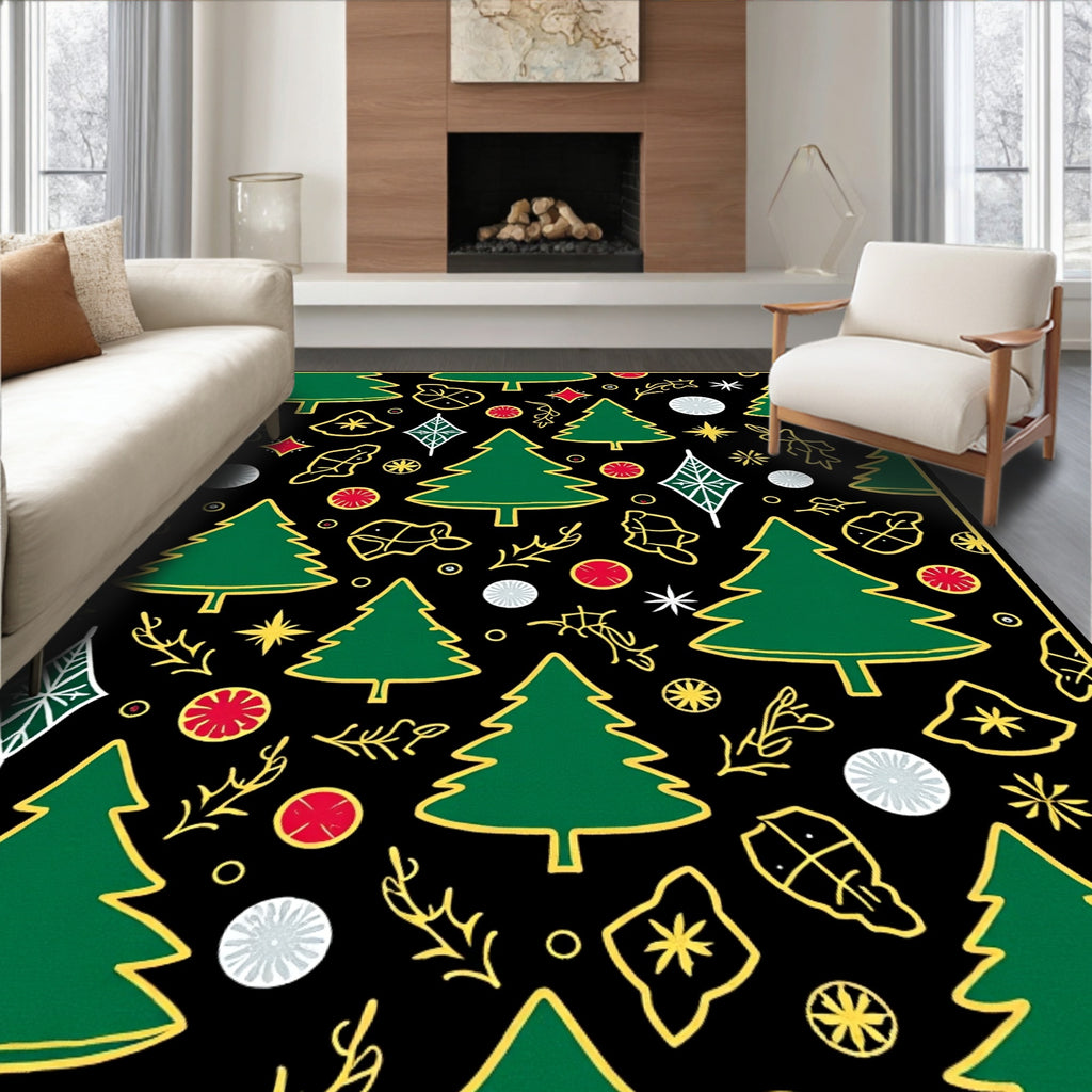 Green Christmas Trees Gold Outline Collage Rug