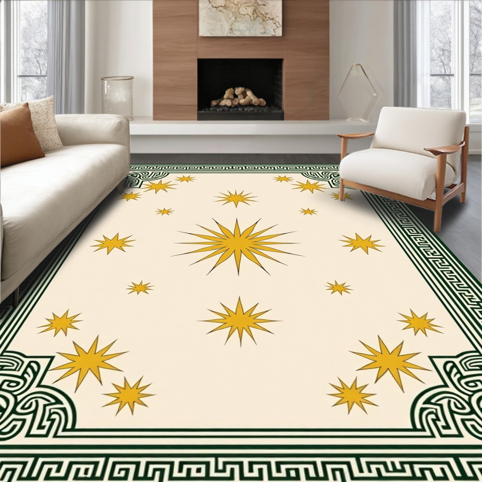Cream Yellow Starburst Bordered Rug