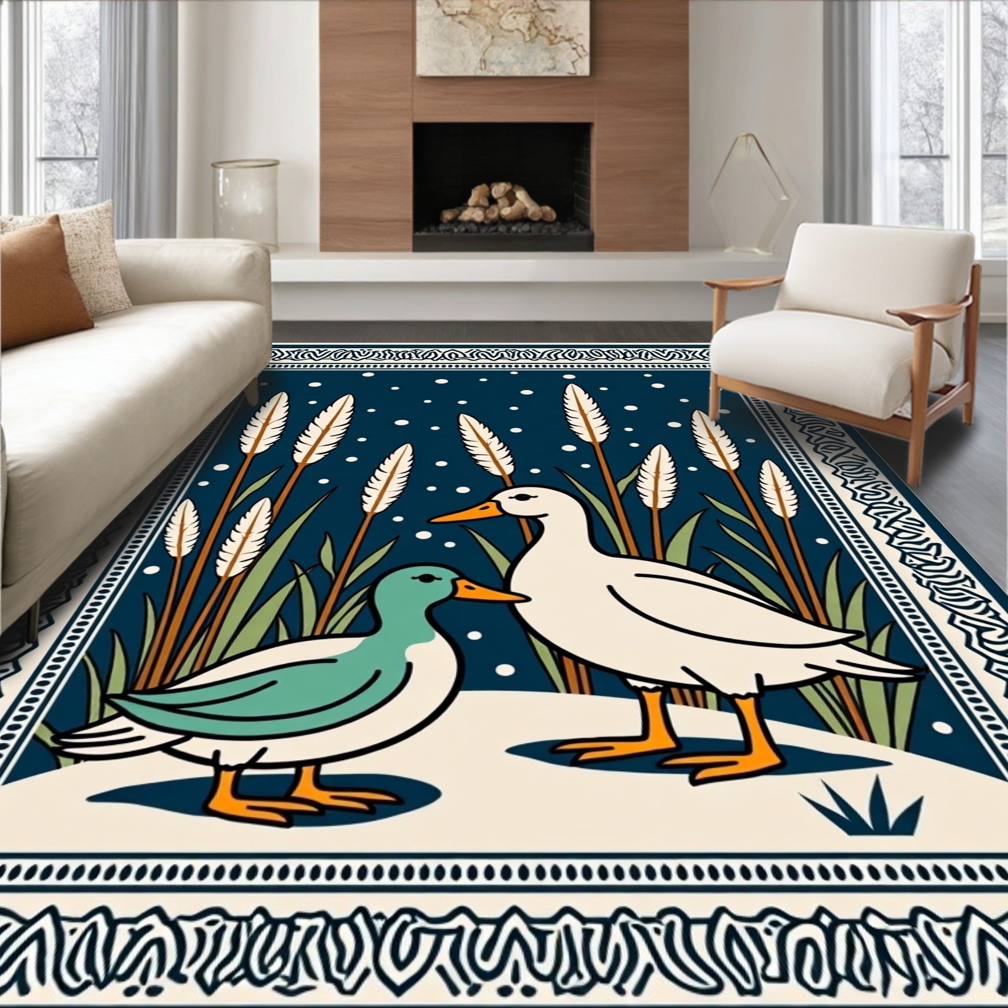 Charming Duo Ducks Tall Grass Scene Rug