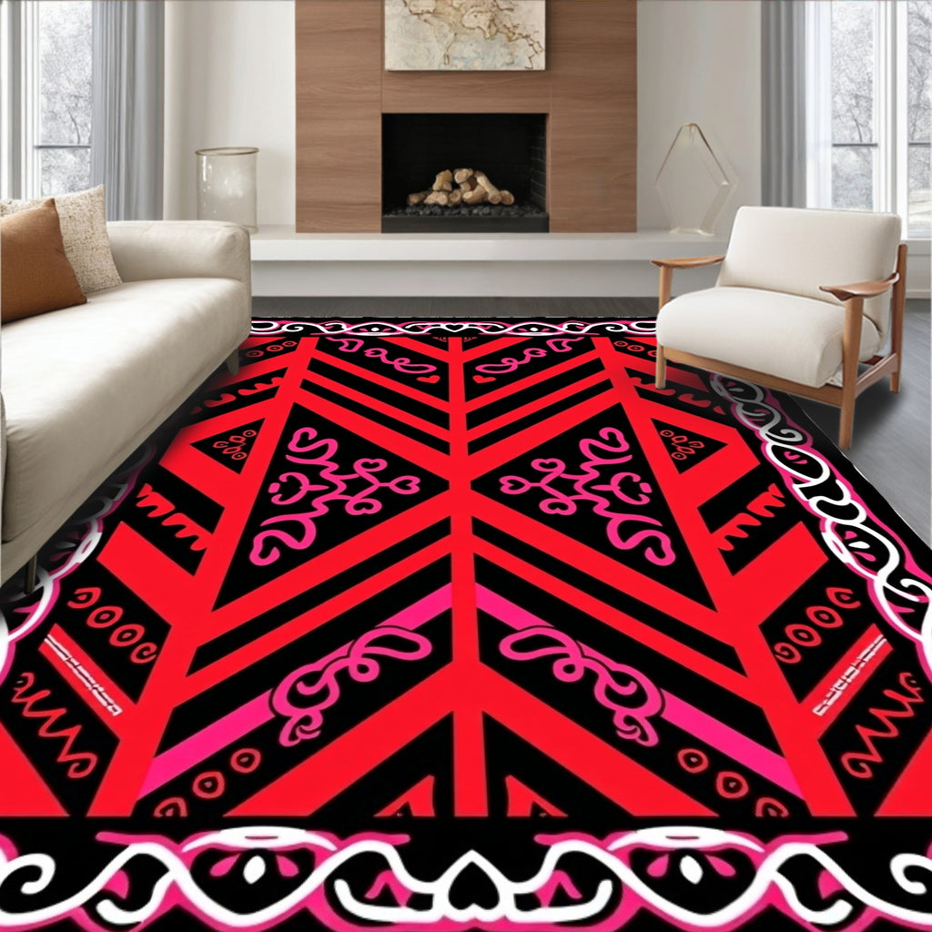Vibrant Red Pink Geometric Border Rug