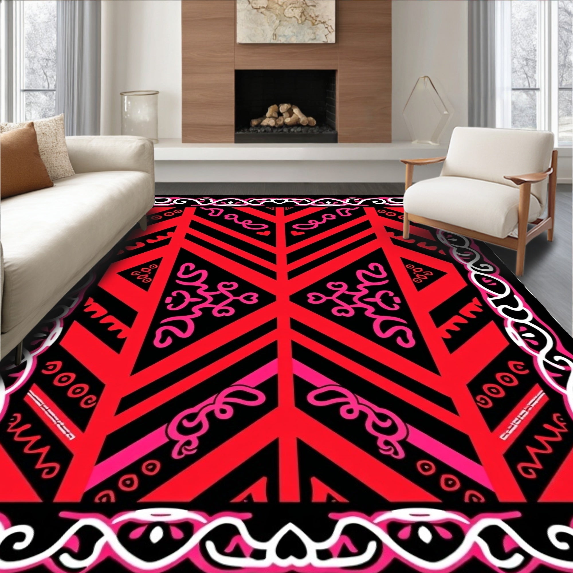Vibrant Red Pink Geometric Border Rug