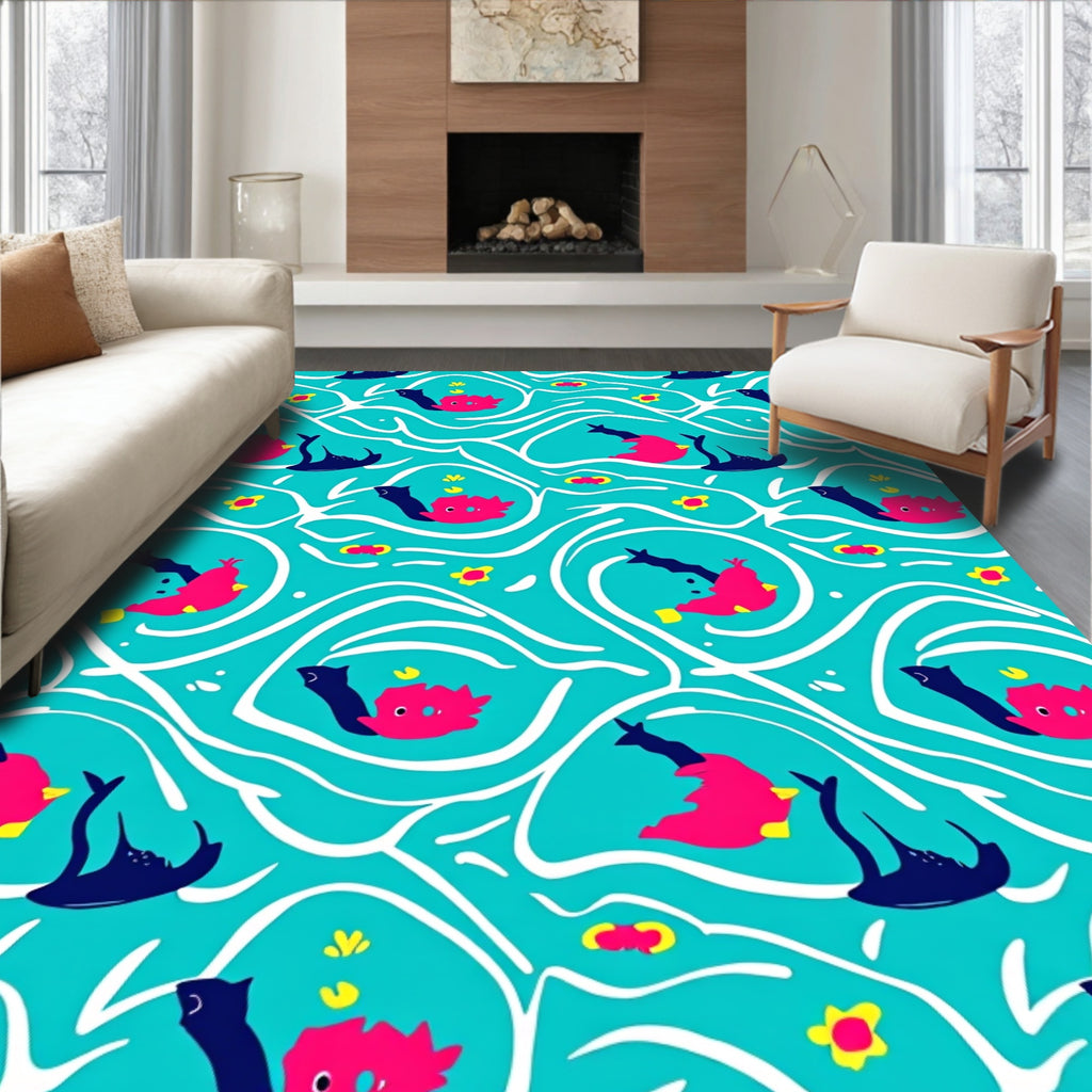 Playful Pink Blue Whimsical Fish Waves Rug