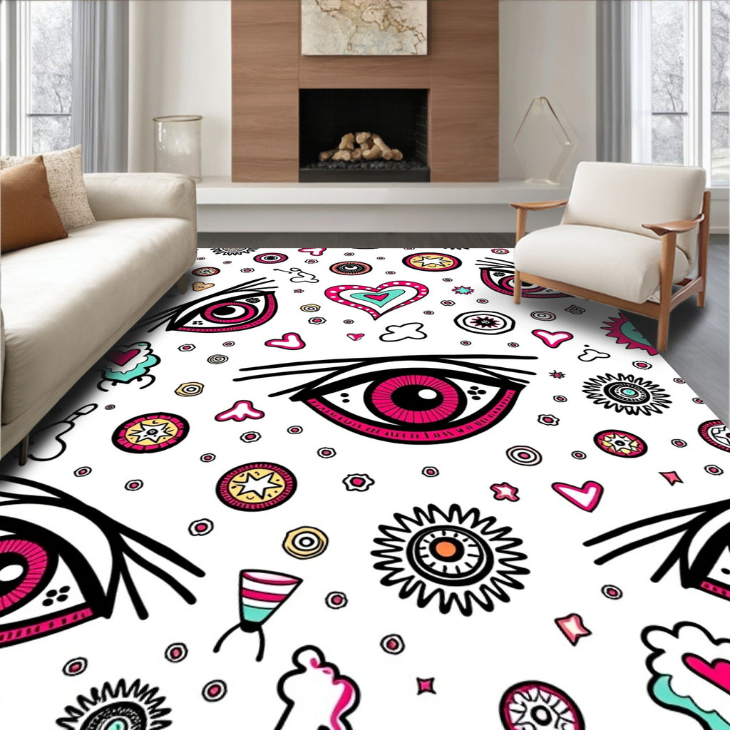 Whimsical Pink Eye Hearts and Stars Rug
