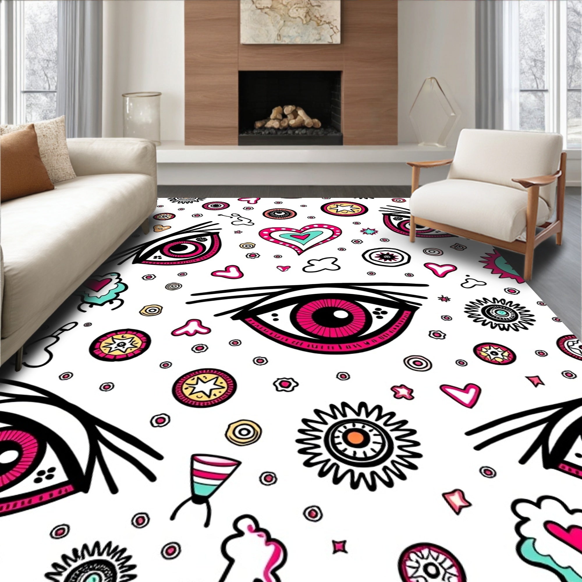 Whimsical Pink Eye Hearts and Stars Rug