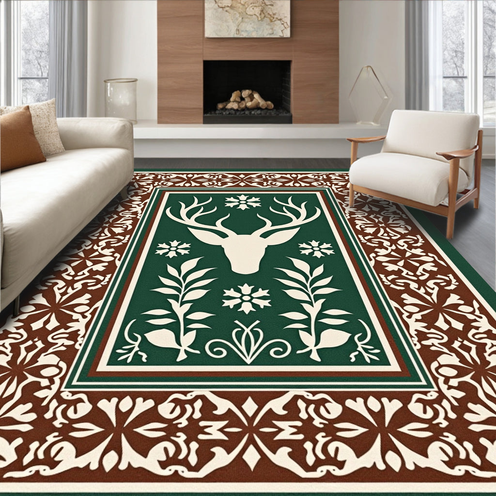 Forest Green Reindeer Snowflake Border Rug