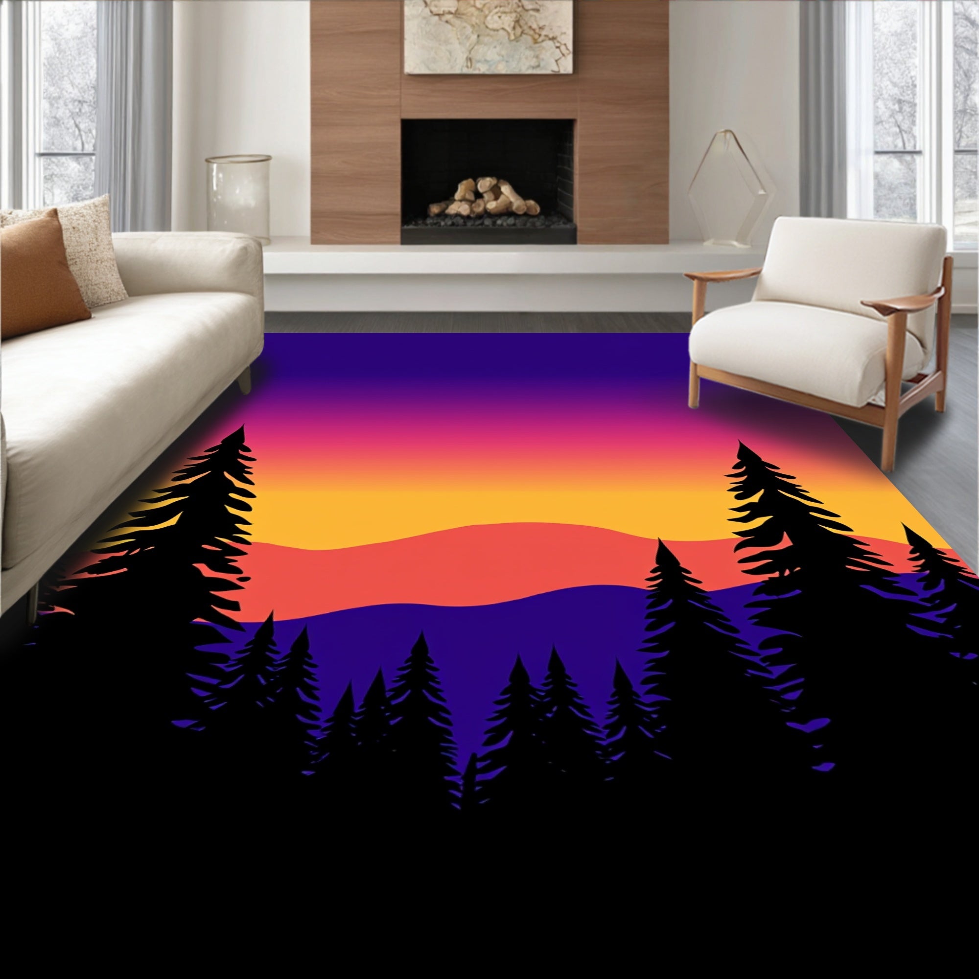 Gradient Sunset Forest Silhouette Rug