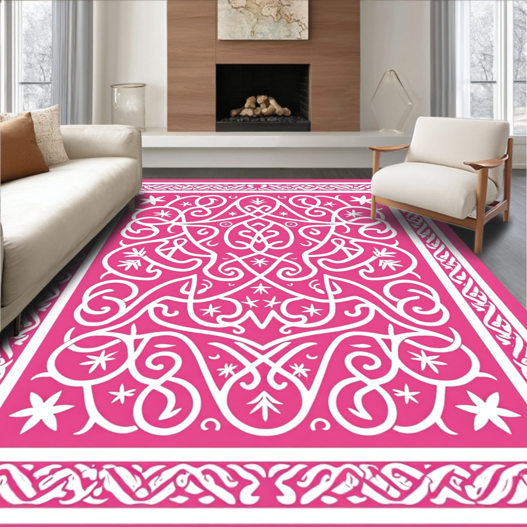 Hot Pink White Ornamental Swirl Rug