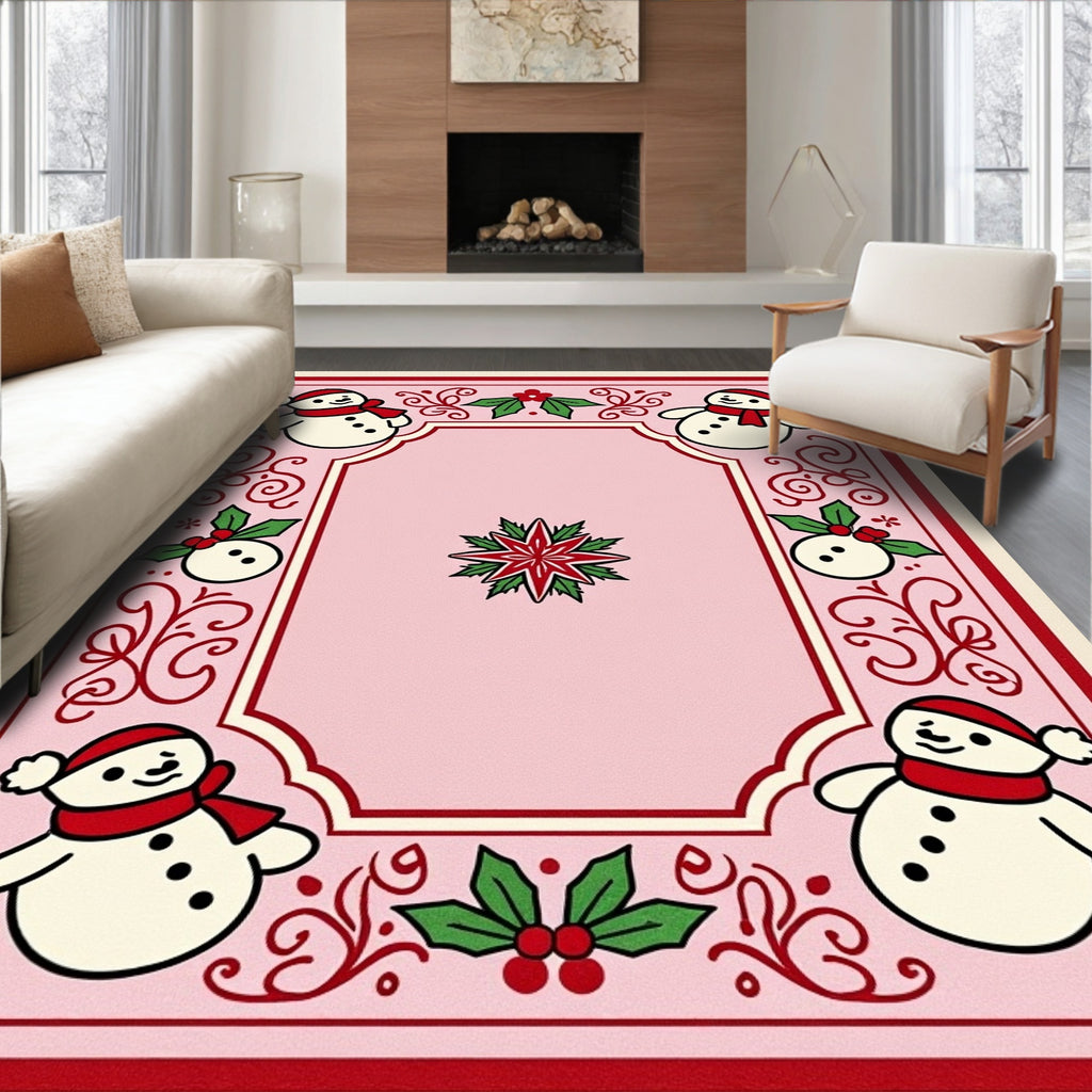 Pink Snowman And Holly Holiday Rug