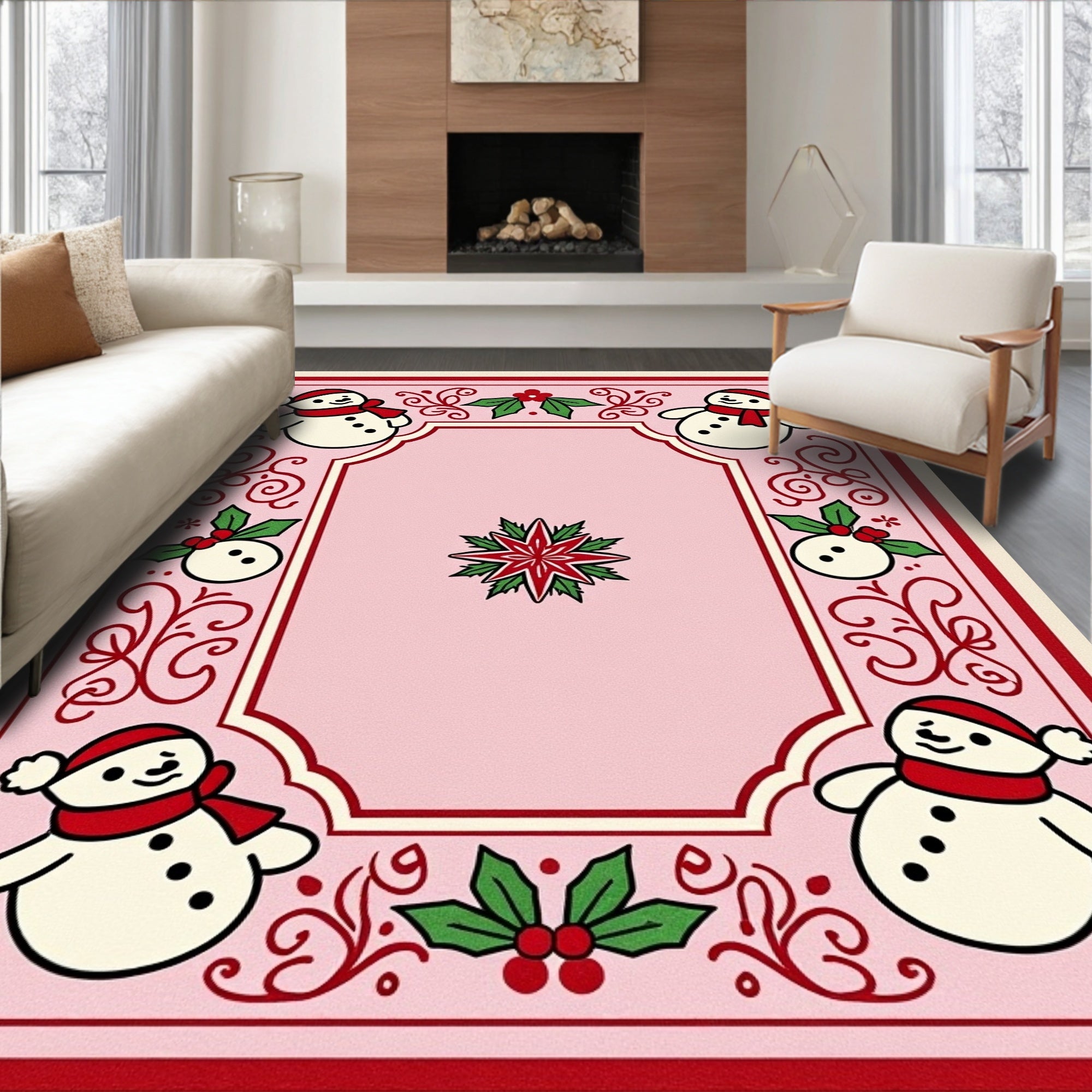 Pink Snowman And Holly Holiday Rug