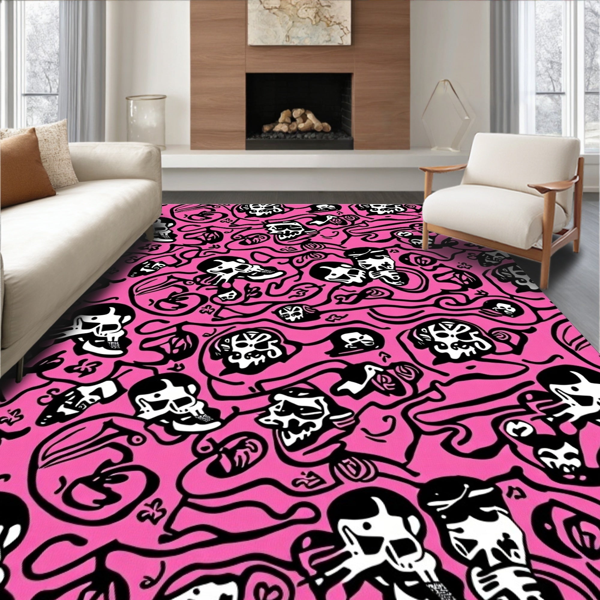 Hot Pink Skulls Abstract Swirl Rug