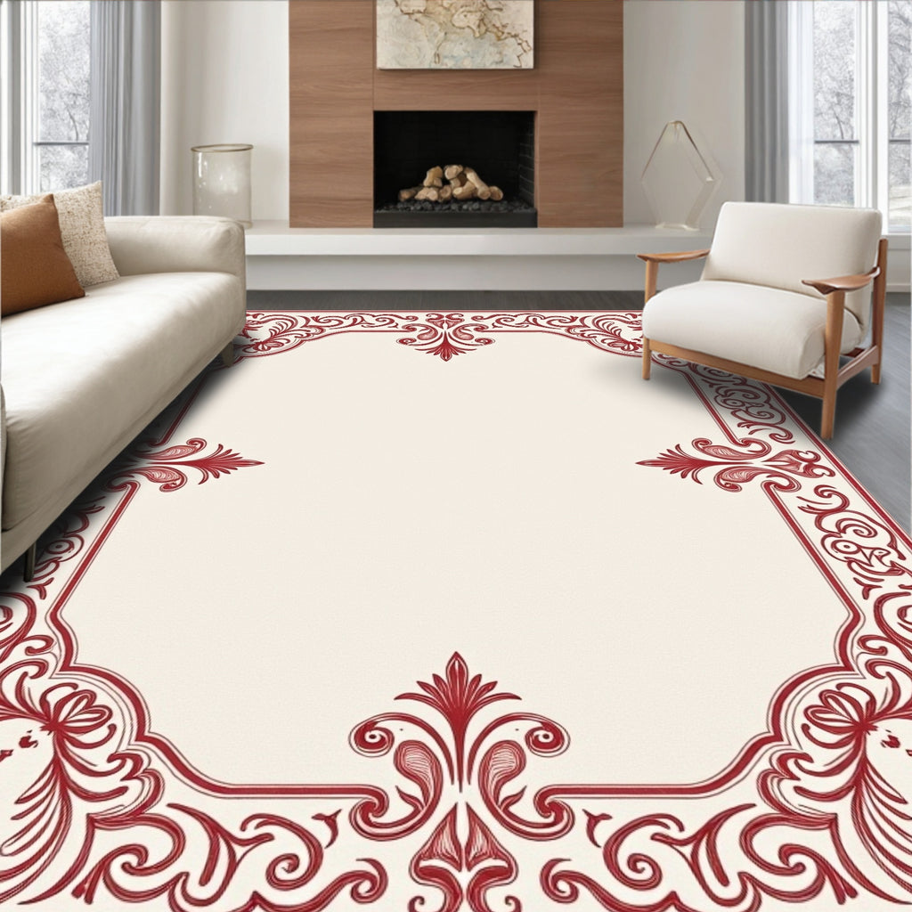 Deep Red Floral Scroll Border Rug